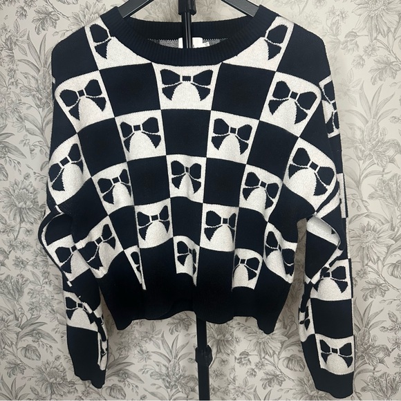 Luna Ivy Sweaters - Luna Ivy Black & White Checkered Bow Knit Pullover Sweater Size Large T8722